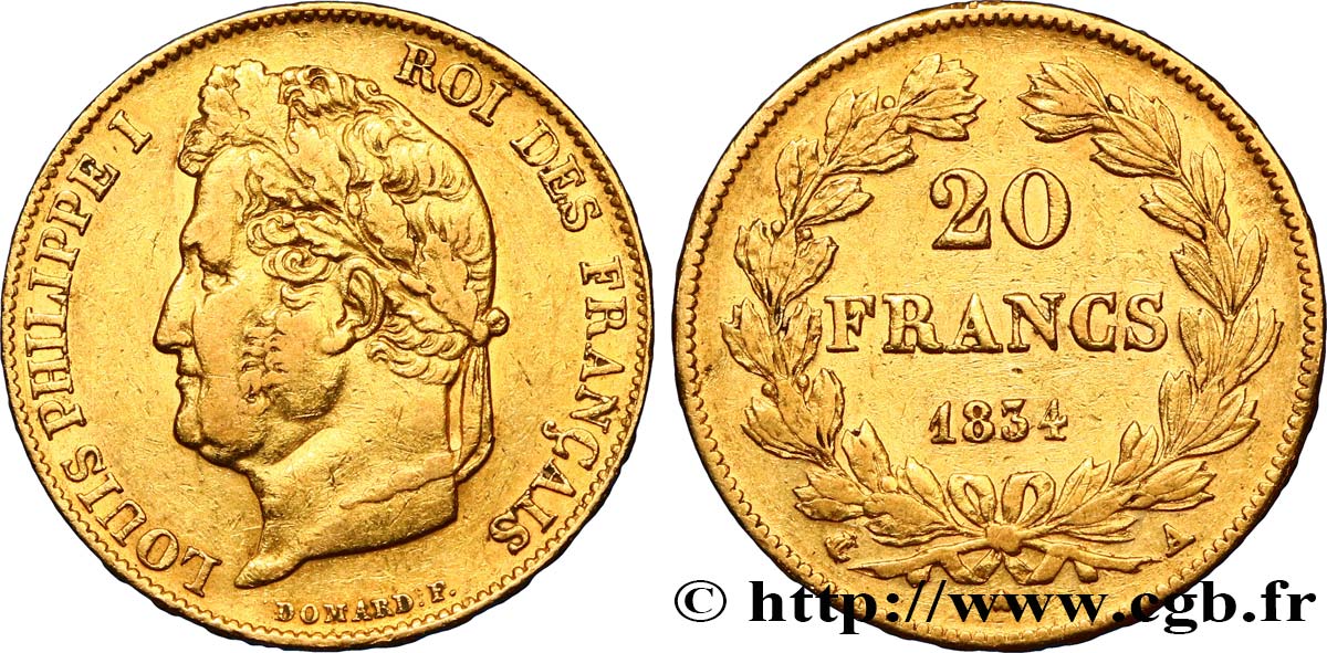 20 francs or Louis-Philippe, Domard 1834 Paris F.527/7 BB40 