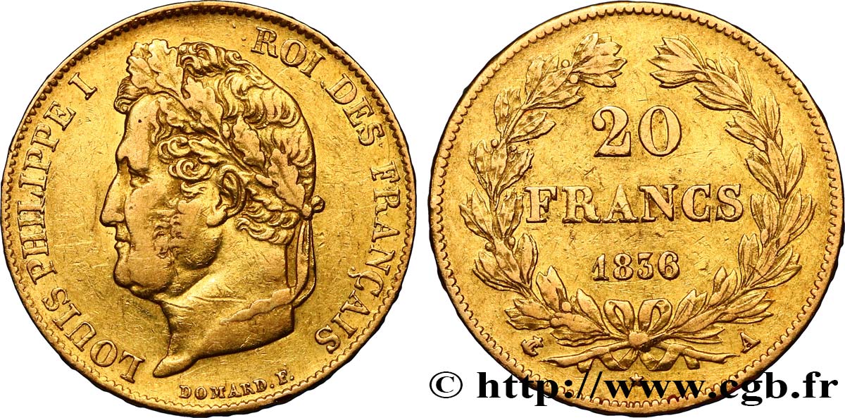 20 francs or Louis-Philippe, Domard 1836 Paris F.527/14 XF40 