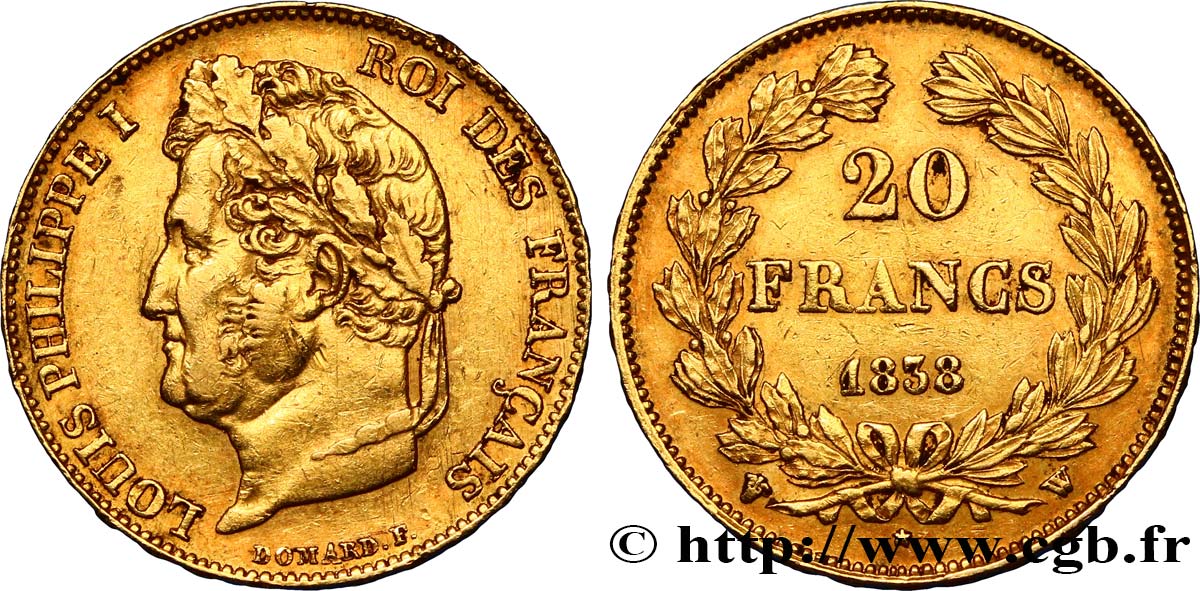20 francs or Louis-Philippe, Domard 1838 Lille F.527/19 XF45 