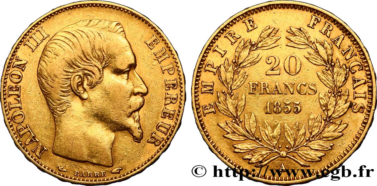 20 francs or Napoléon III, tête nue 1855 Paris F.531/3 XF40 