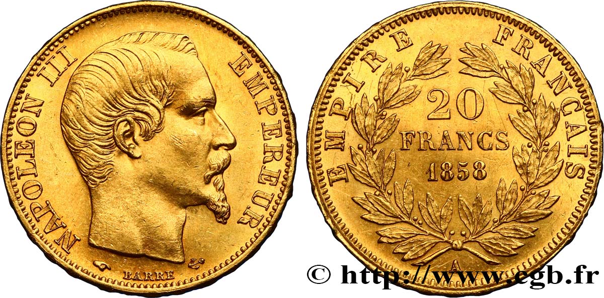 20 francs or Napoléon III, tête nue 1858 Paris F.531/13 EBC55 