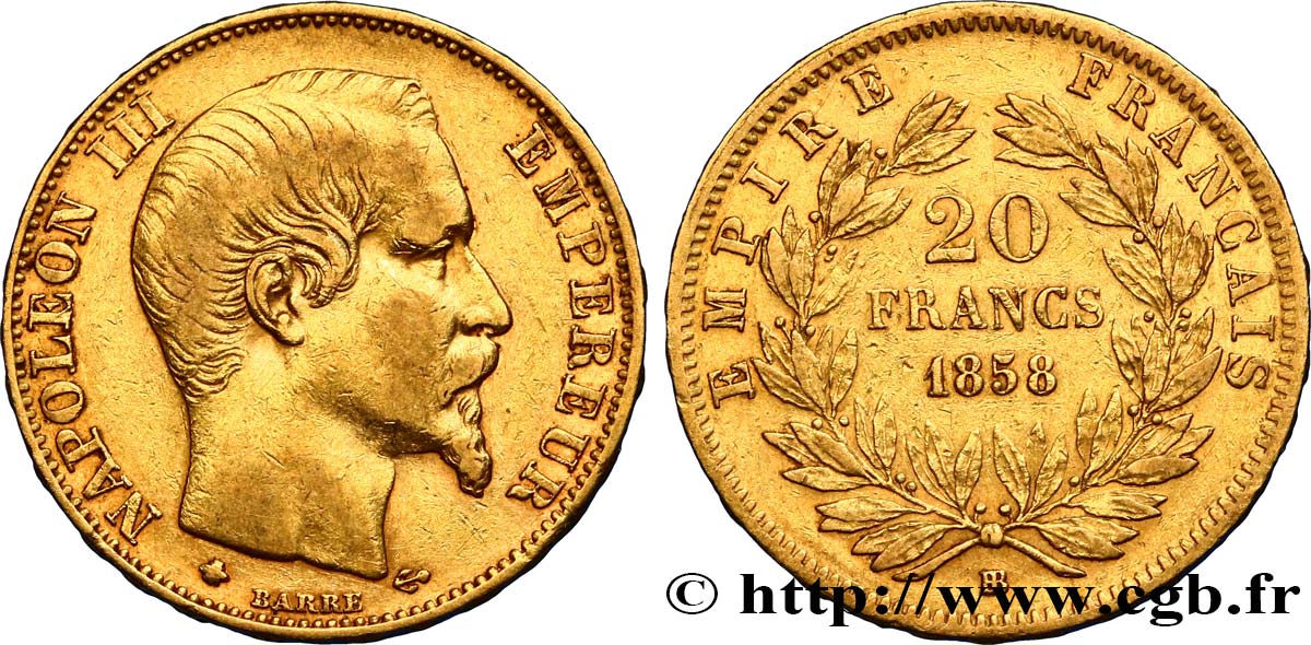 20 francs or Napoléon III, tête nue 1858 Strasbourg F.531/14 VF35 