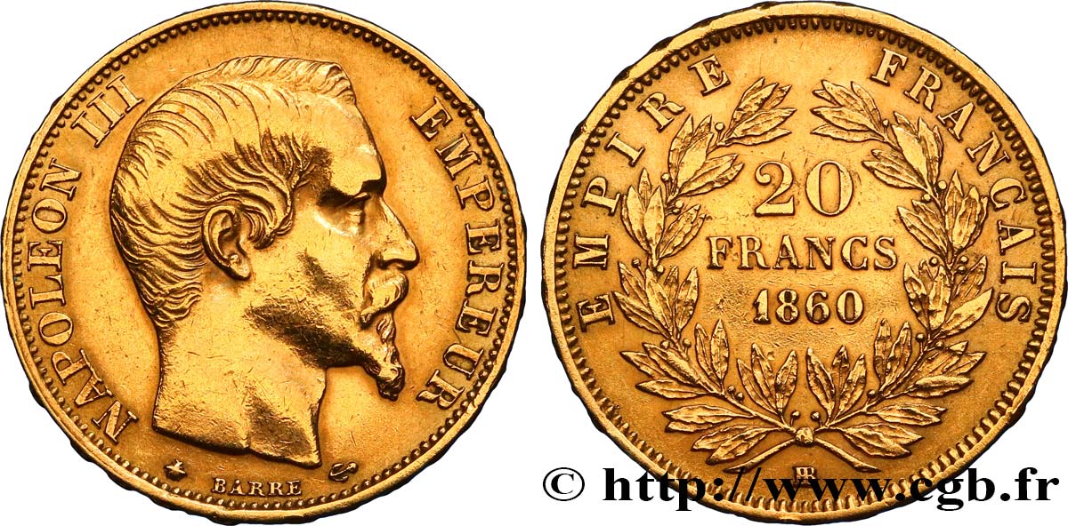 20 francs or Napoléon III, tête nue 1860 Strasbourg F.531/20 XF 