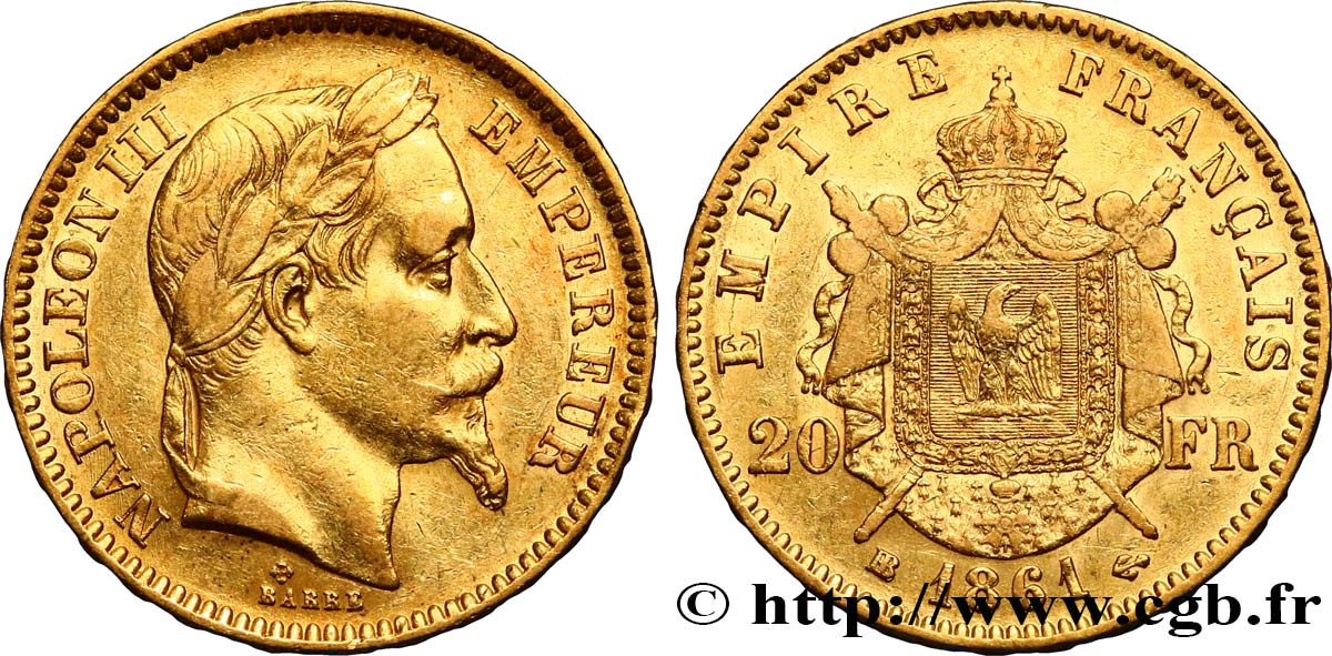20 francs or Napoléon III, tête laurée 1861 Strasbourg F.532/2 MBC45 