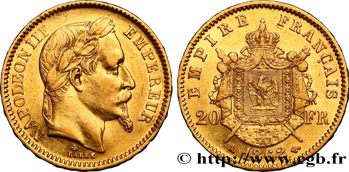 20 francs or Napoléon III, tête laurée 1862 Paris F.532/3 MBC48 