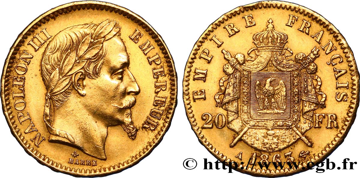 20 francs or Napoléon III, tête laurée 1863 Paris F.532/6 TTB48 