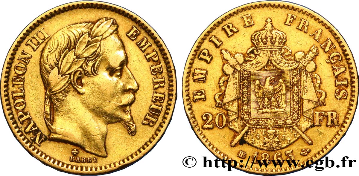 20 francs or Napoléon III, tête laurée 1863 Strasbourg F.532/7 BB45 
