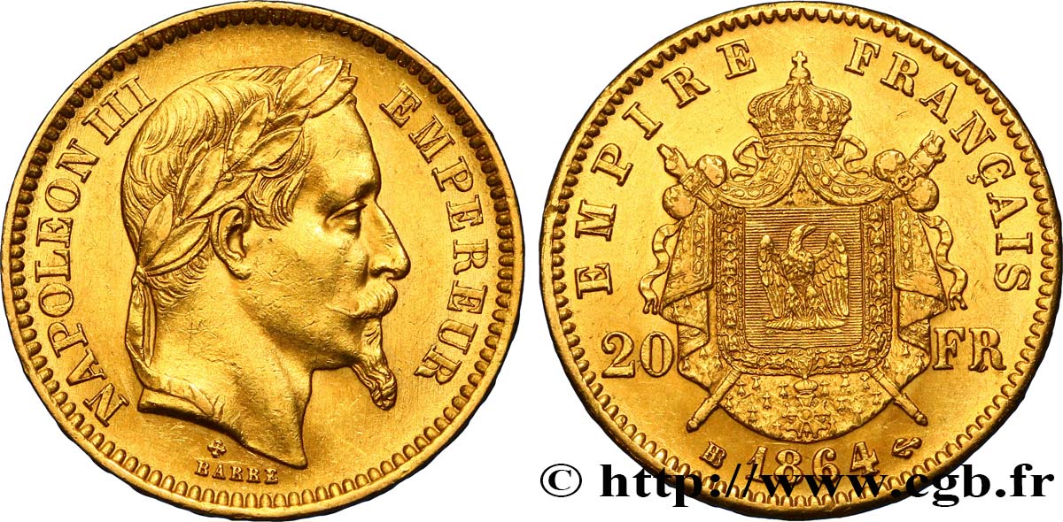 20 francs or Napoléon III, tête laurée 1864 Strasbourg F.532/9 AU50 