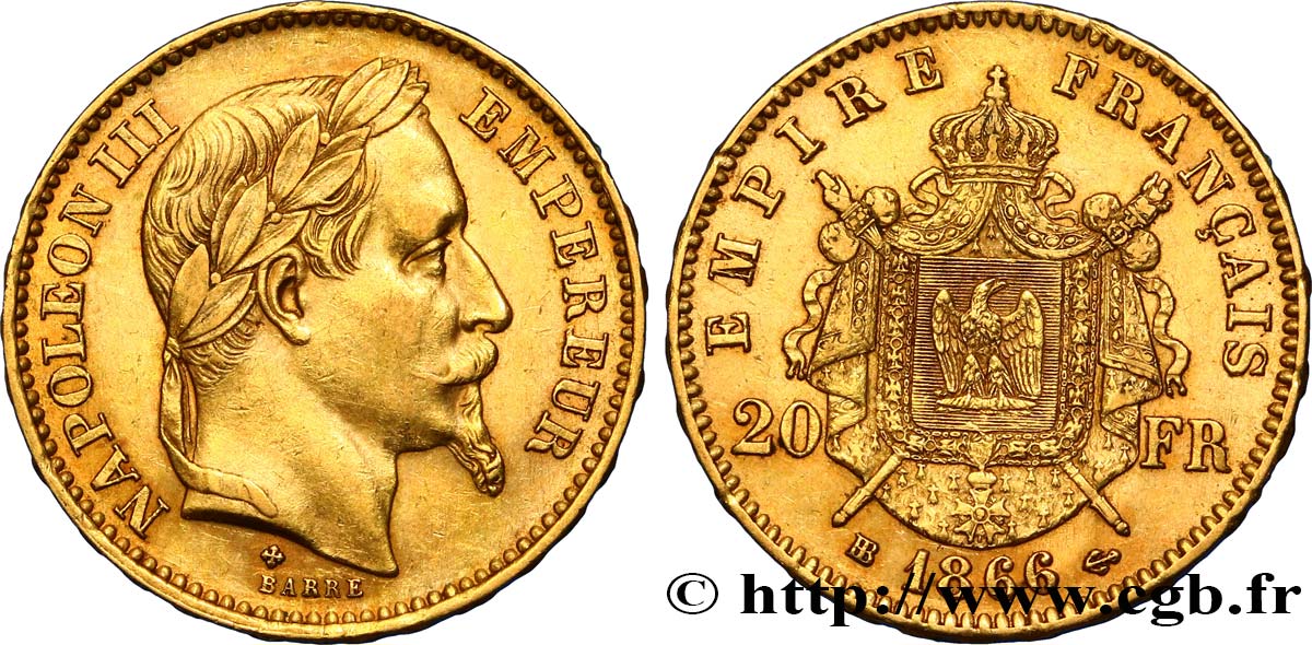 20 francs or Napoléon III, tête laurée 1866 Strasbourg F.532/14 AU50 