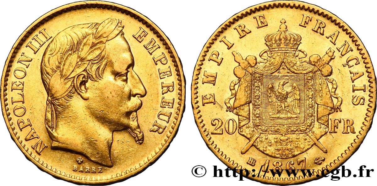 20 francs or Napoléon III, tête laurée 1867 Strasbourg F.532/16 BB45 