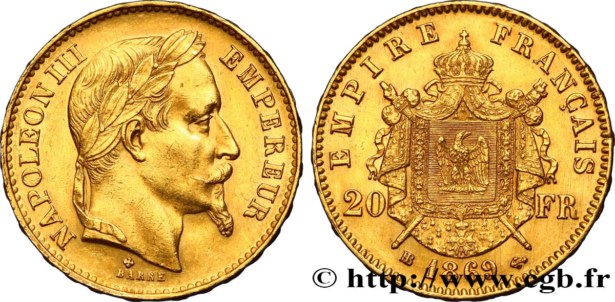 20 francs or Napoléon III, tête laurée, petit BB 1869 Strasbourg F.532/21 AU52 