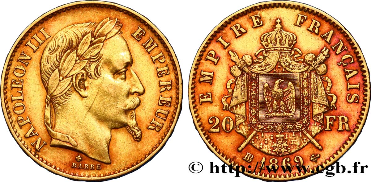 20 francs or Napoléon III, tête laurée, grand BB 1869 Strasbourg F.532/22 SS45 