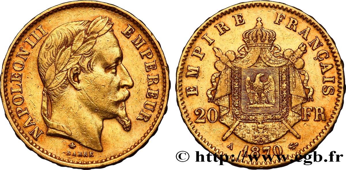 20 francs or Napoléon III, tête laurée 1870 Paris F.532/23 TTB45 