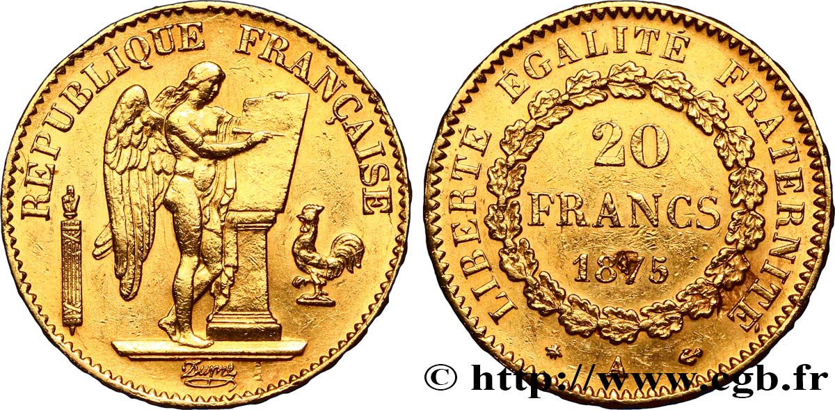 20 francs or Génie, Troisième République 1875 Paris F.533/3 MBC+ 