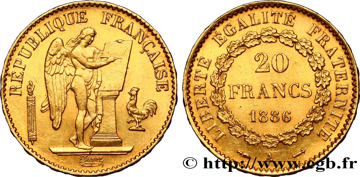 20 francs or Génie, IIIe République 1886 Paris F.533/9 MBC50 