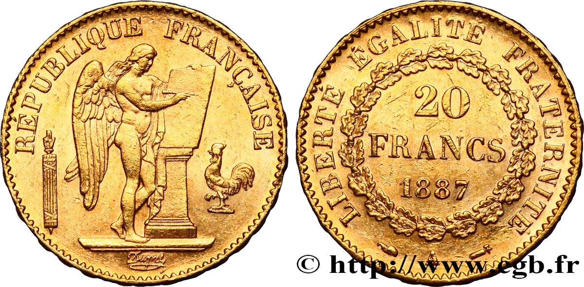 20 francs or Génie, Troisième République 1887 Paris F.533/10 AU54 