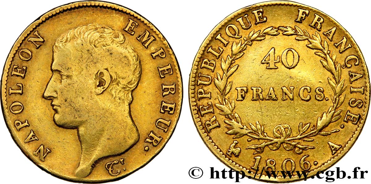 40 francs or Napoléon tête nue, Calendrier grégorien 1806 Paris F.538/1 VF35 