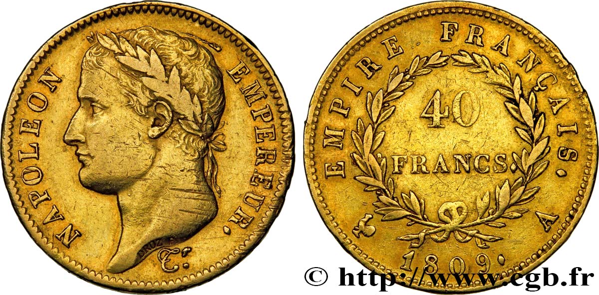 40 francs or Napoléon tête laurée, Empire français 1809 Paris F.541/1 XF42 