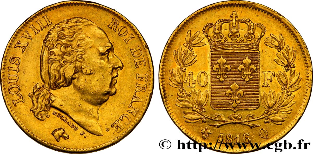 40 francs or Louis XVIII 1816 Perpignan F.542/4 SS48 