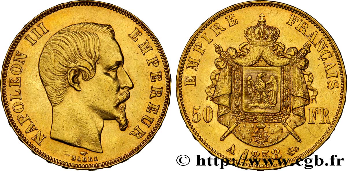 50 francs or Napoléon III, tête nue 1858 Paris F.547/5 AU50 
