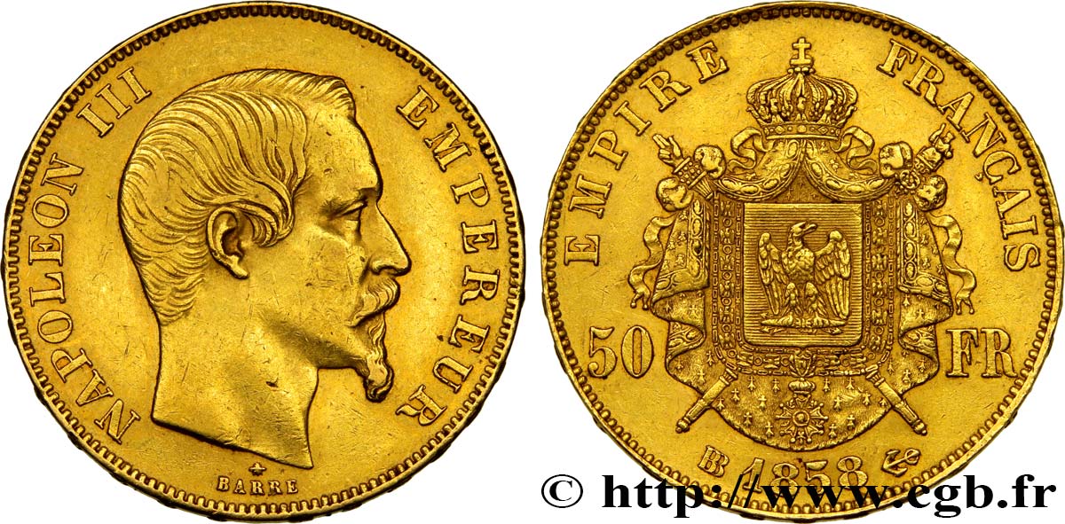 50 francs or Napoléon III, tête nue 1858 Strasbourg F.547/6 MBC45 