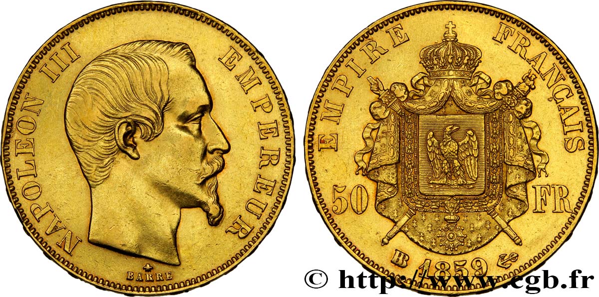 50 francs or Napoléon III, tête nue 1859 Strasbourg F.547/8 MBC52 