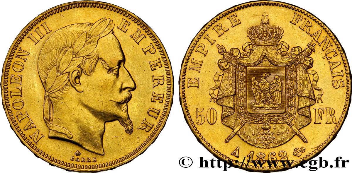 50 francs or Napoléon III, tête laurée 1862 Paris F.548/1 MBC+ 