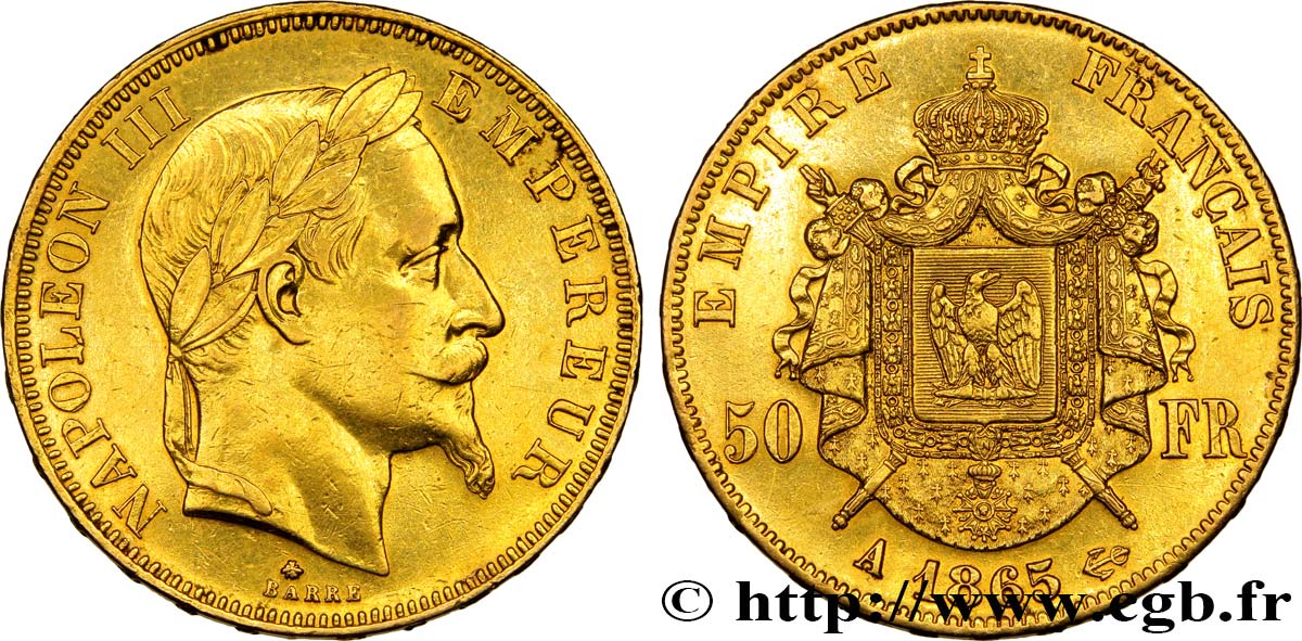 50 francs or Napoléon III, tête laurée 1865 Paris F.548/5 XF48 