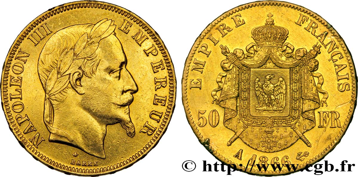 50 francs or Napoléon III, tête laurée 1866 Paris F.548/6 MBC 