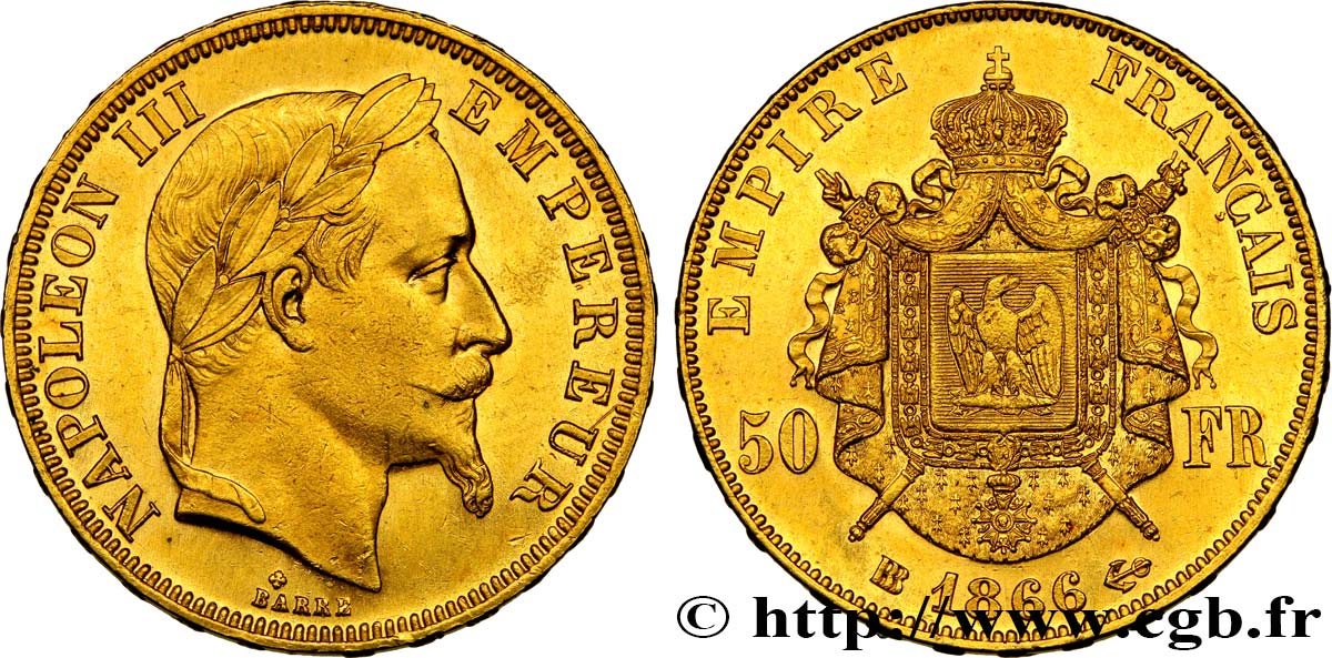 50 francs or Napoléon III, tête laurée 1866 Strasbourg F.548/7 AU50 