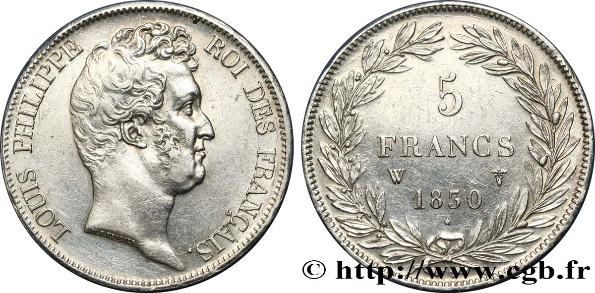 5 francs type Tiolier sans le I, tranche en creux 1830 Lille F.313/4 AU50 