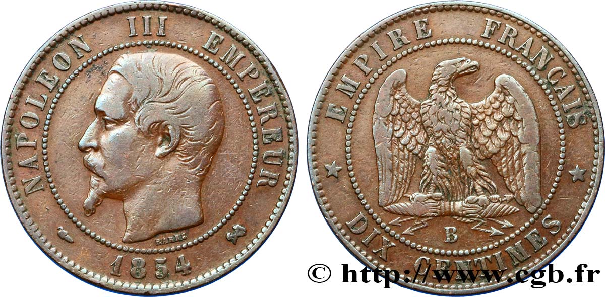 Dix centimes Napoléon III, tête nue 1854 Rouen F.133/12 BC35 
