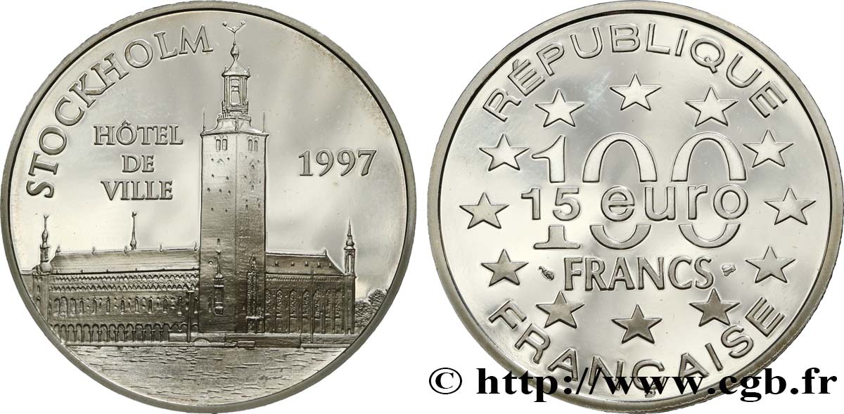 Belle Épreuve 15 euro / 100 francs - L’hôtel de Ville de Stockholm (Suède) 1997 Paris F.2028 1 MS 