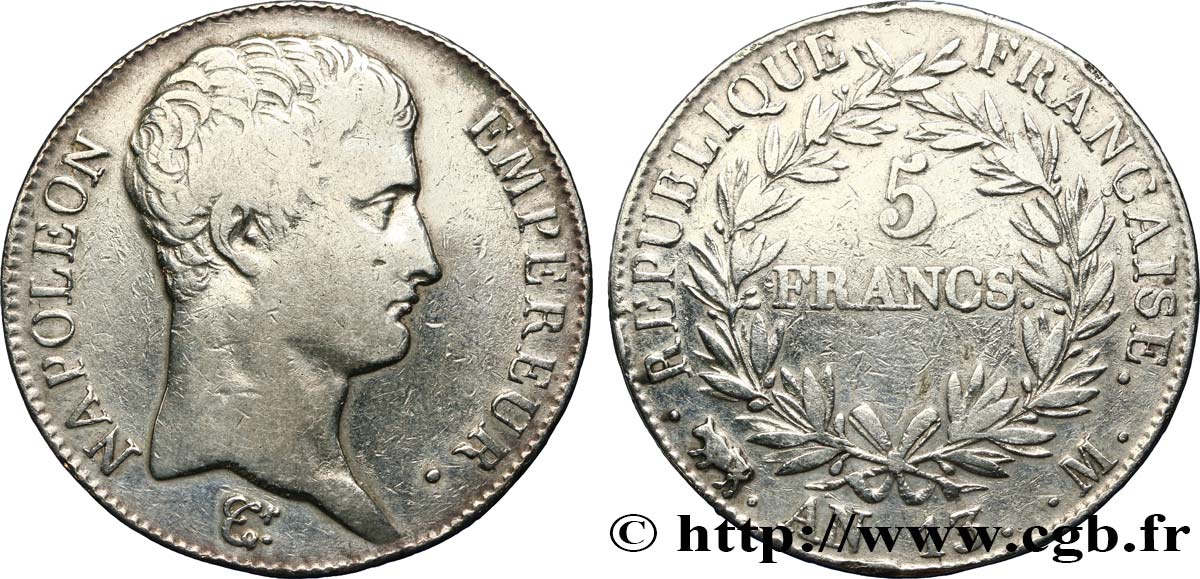 5 francs Napoléon Empereur, Calendrier révolutionnaire 1805 Toulouse F.303/13 TB 