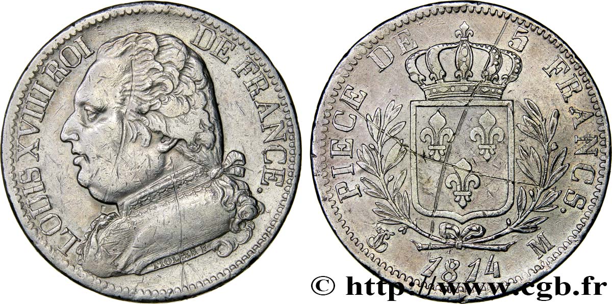 5 francs Louis XVIII, buste habillé 1814 Toulouse F.308/9 BC+ 