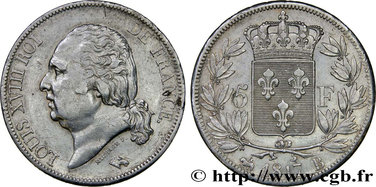 5 francs Louis XVIII, tête nue 1817 Rouen F.309/15 XF48 