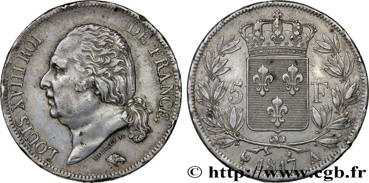 5 francs Louis XVIII, tête nue 1817  Paris F.309/14 MBC48 