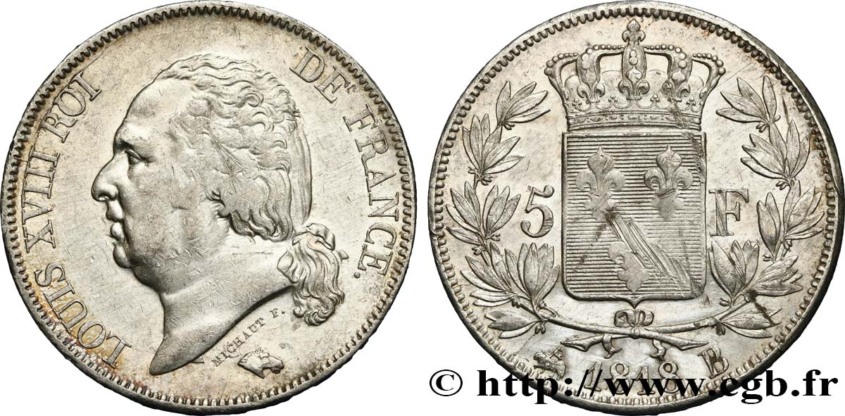 5 francs Louis XVIII, tête nue 1818 Rouen F.309/29 XF 