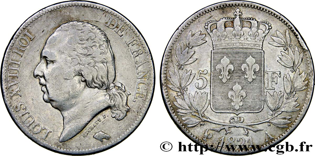 5 francs Louis XVIII, tête nue 1821 Paris F.309/60 MB35 