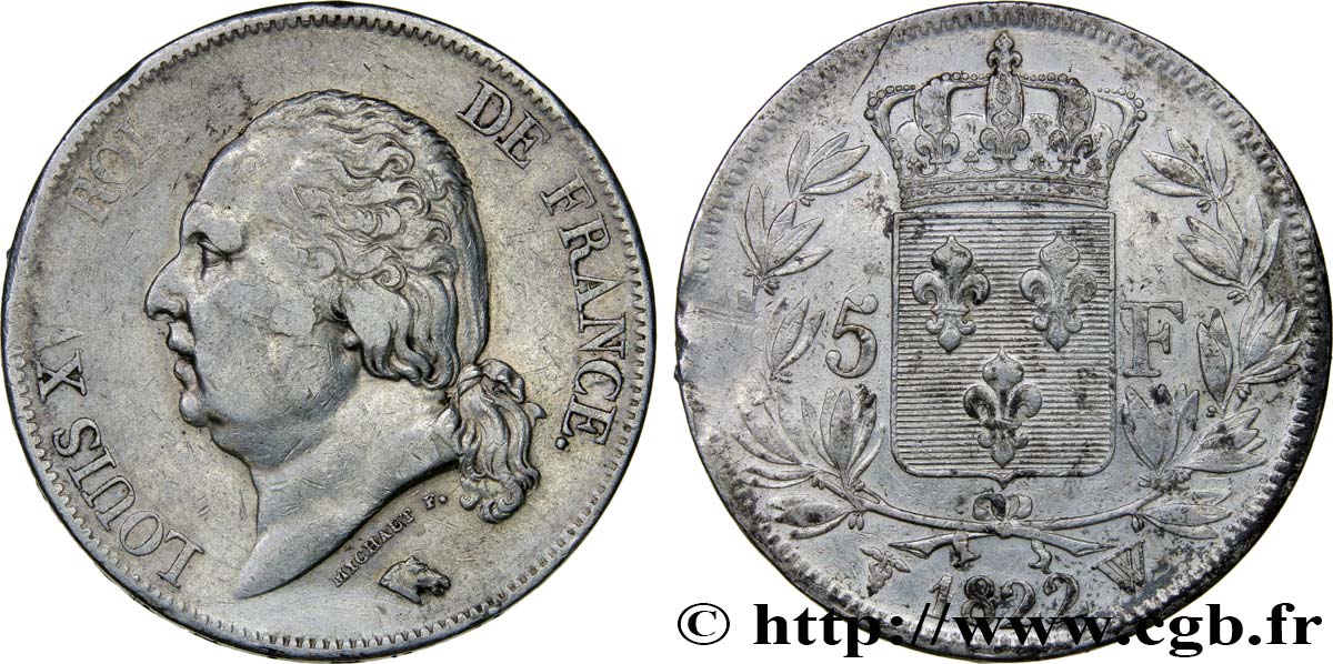 5 francs Louis XVIII, tête nue 1822 Lille F.309/75 BC+ 