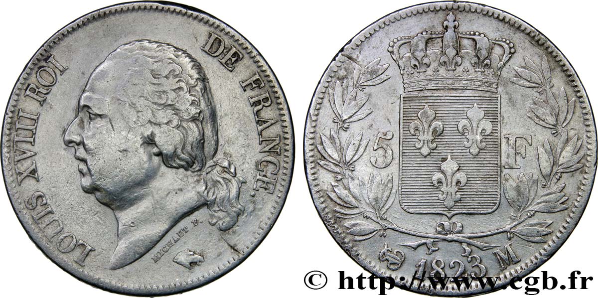 5 francs Louis XVIII, tête nue 1823 Toulouse F.309/84 TB35 