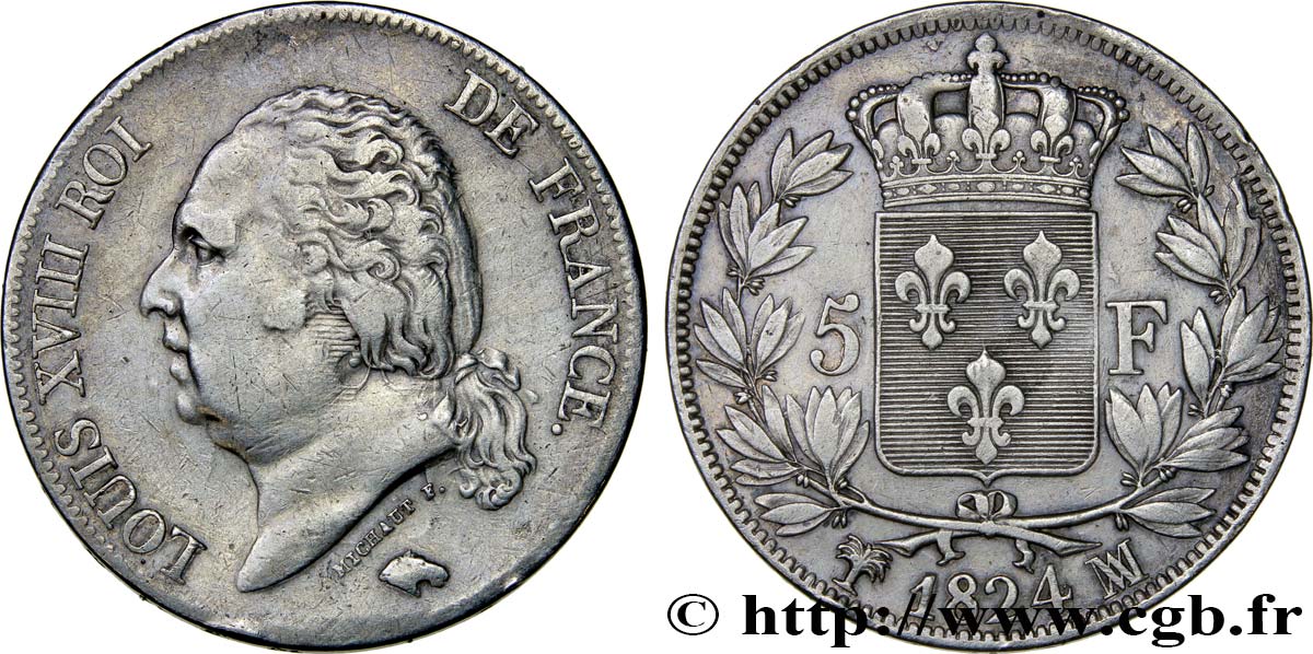 5 francs Louis XVIII, tête nue 1824 Marseille F.309/96 TB+ 