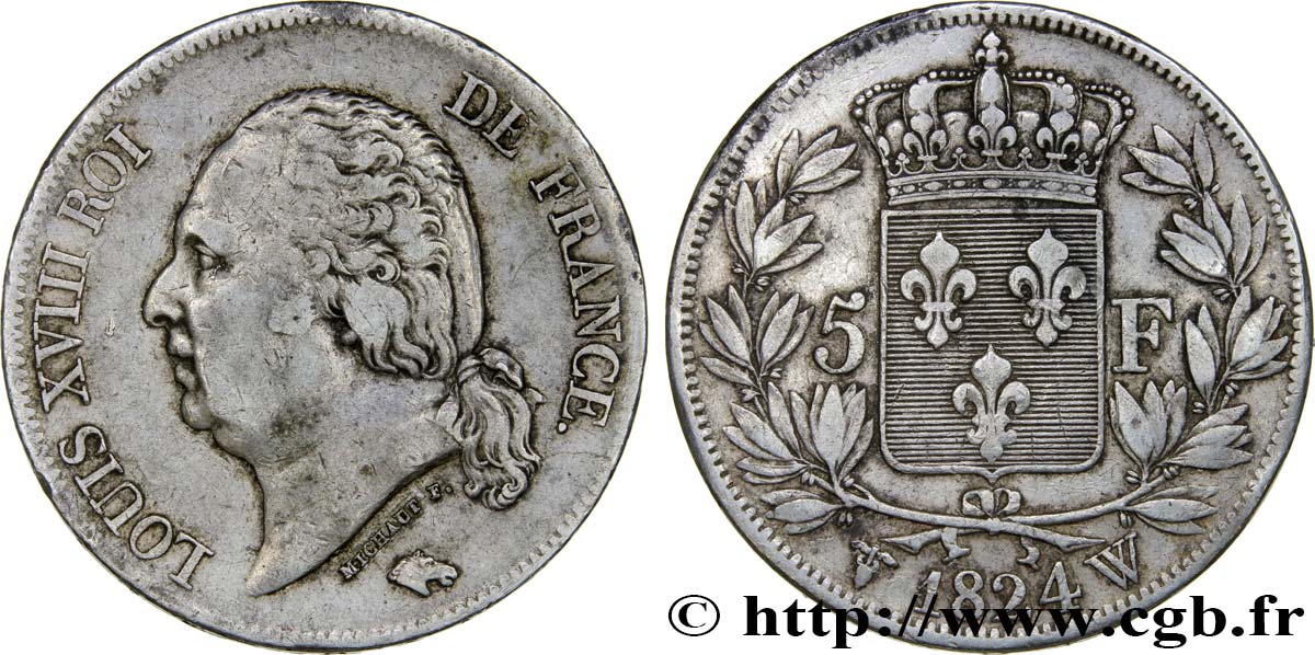 5 francs Louis XVIII, tête nue 1824 Lille F.309/98 VF35 