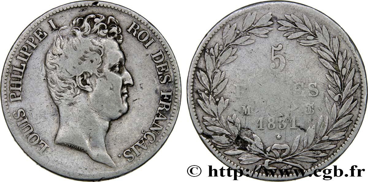 5 francs type Tiolier avec le I, tranche en creux 1831 Toulouse F.315/22 S25 