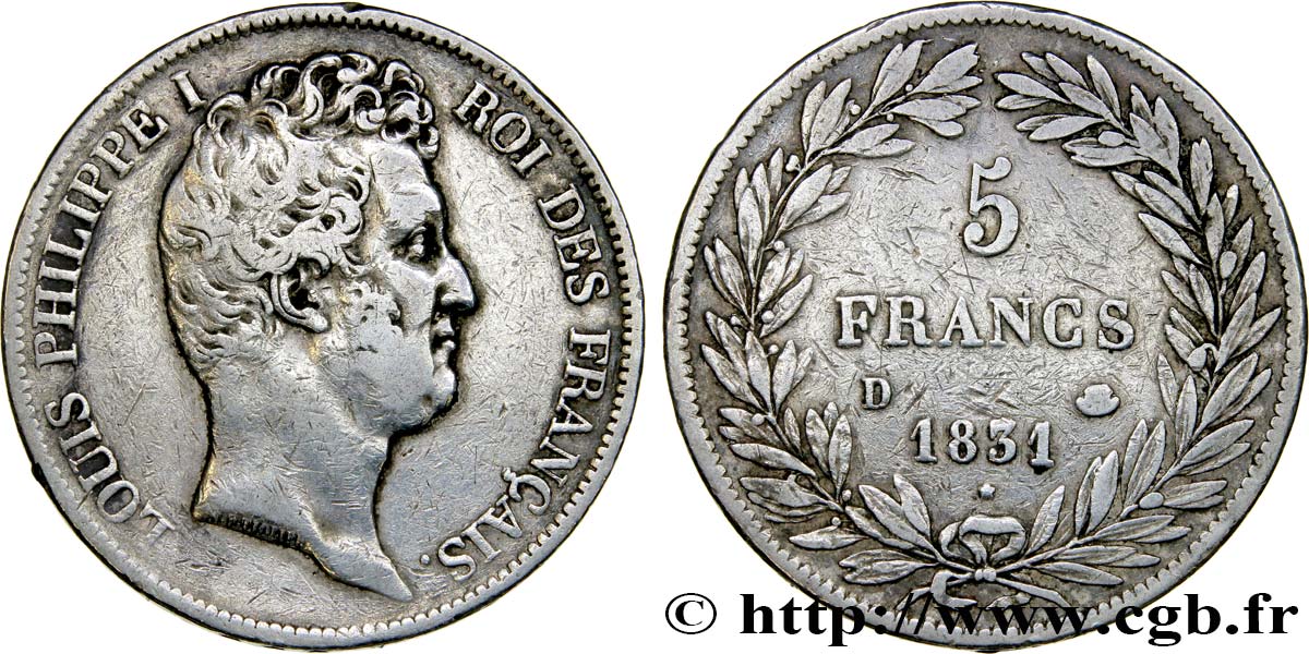 5 francs type Tiolier avec le I, tranche en creux 1831 Lyon F.315/17 S35 