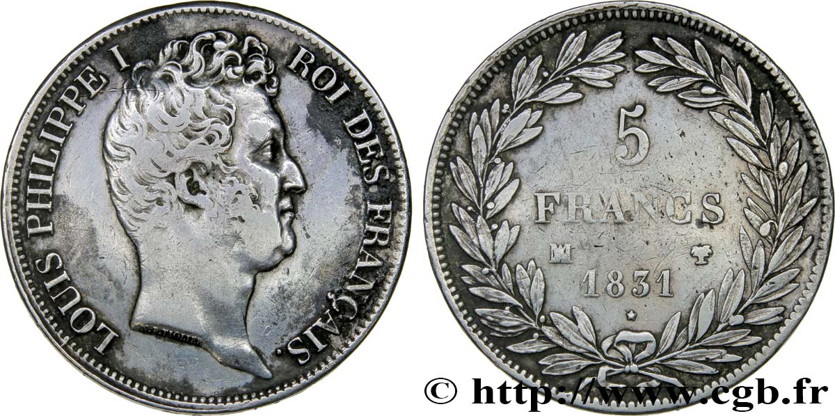 5 francs type Tiolier avec le I, tranche en creux 1831 Marseille F.315/23 VF35 