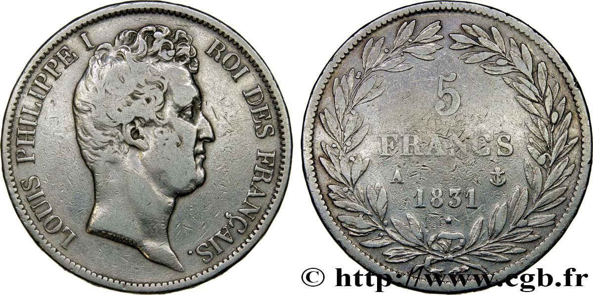 5 francs type Tiolier avec le I, tranche en relief 1831 Paris F.316/2 TB 