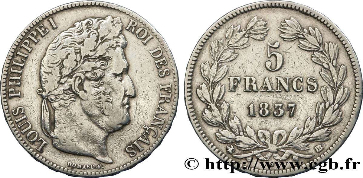 5 francs IIe type Domard 1837 Strasbourg F.324/63 VF35 