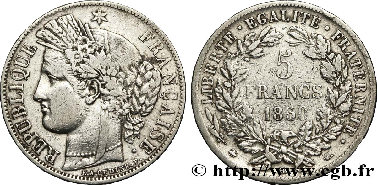 5 francs Cérès, IIe République 1850 Strasbourg F.327/5 MB25 