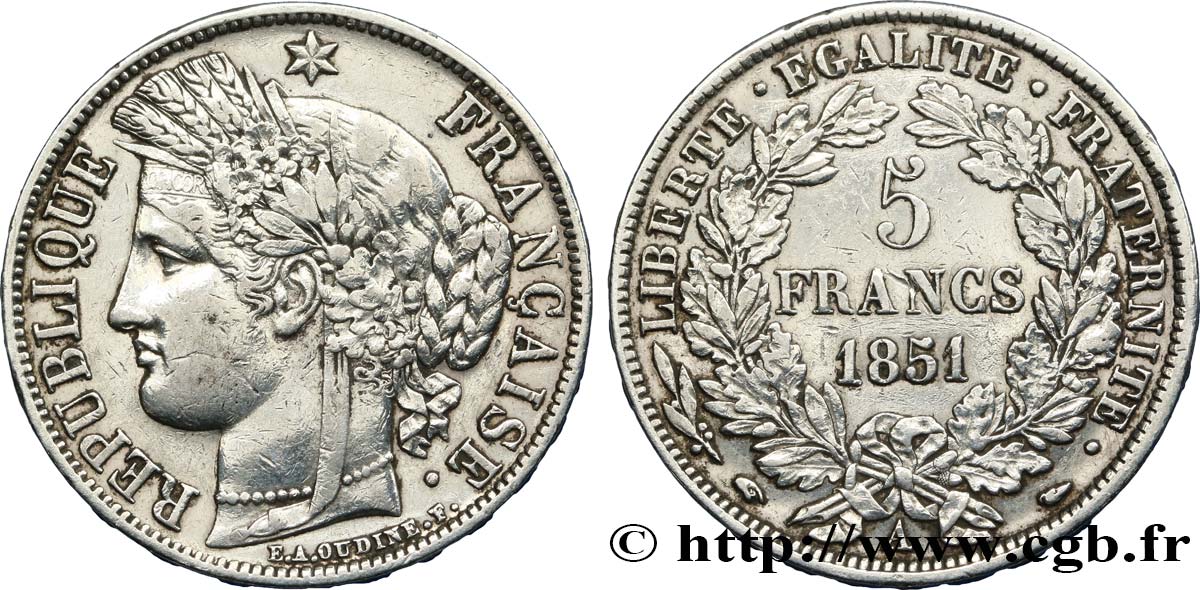 5 francs Cérès, IIe République 1851 Paris F.327/7 MBC 